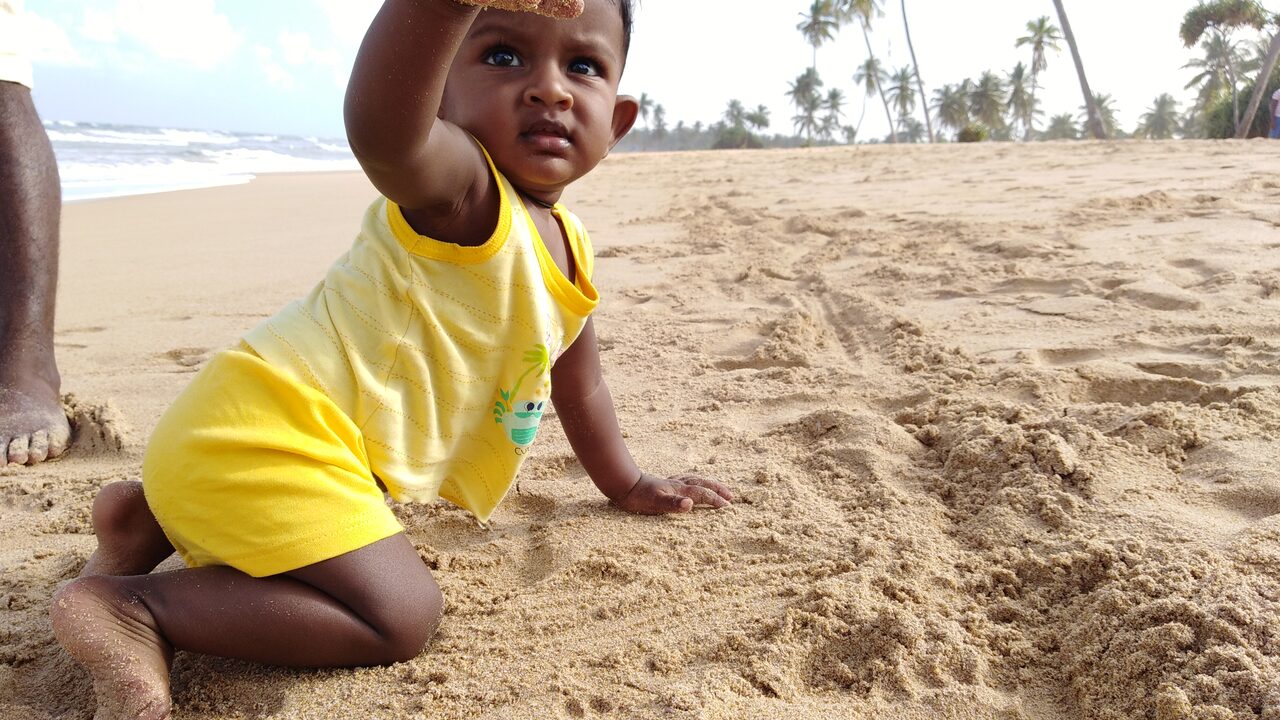 Bred sandstrand omkranset af palmer og roligt, lavvandet vand ved Nilaveli på Sri Lankas østkyst